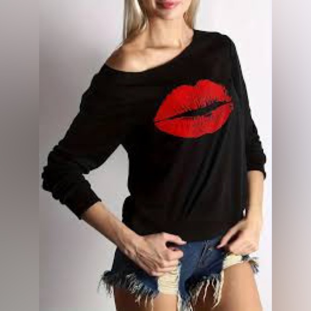 Women's Purple Top: Kissy Lips OFF-the-Shoulder Lightweight Long Sleeves Casual - Picture 2 of 15